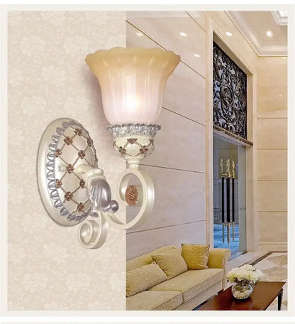 Gold Opaline Wall Sconce by Decorbites with frosted opaline shade and ornate lattice-back mount on Tampa Home & Garden Store