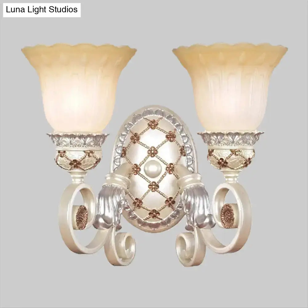 Gold Opaline Wall Sconce with dual frosted shades and scrolling metalwork by Decorbites on Tampa Home & Garden Store
