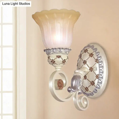 Decorbites Gold Opaline Wall Sconce with frosted floral shade and ornate backplate on Tampa Home & Garden Store