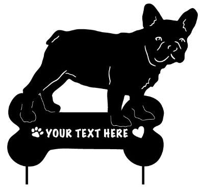 French Bulldog statue in black with bone-shaped text plaque Rustica Ornamentals sculpture on Tampa Home & Garden Store