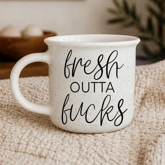 Fresh Outta Fucks coffee mug by Gia Roma, speckled ceramic with black script on Tampa Home & Garden Store