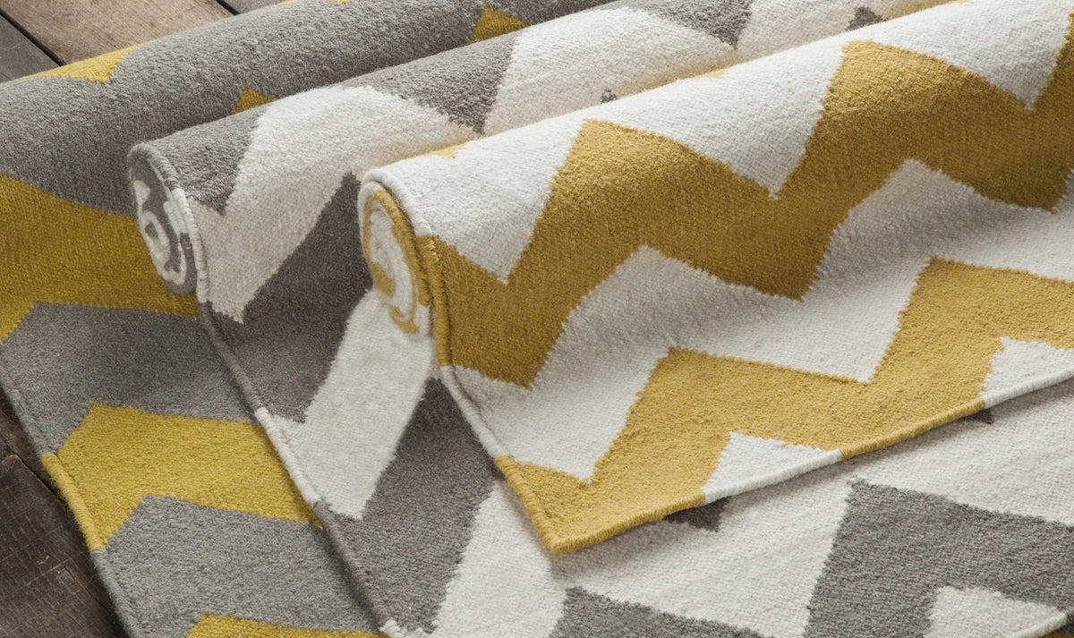 Fairlawn Area Rug by Boutique Rugs, geometric mustard gray ivory pattern, clearance on Tampa Home & Garden Store