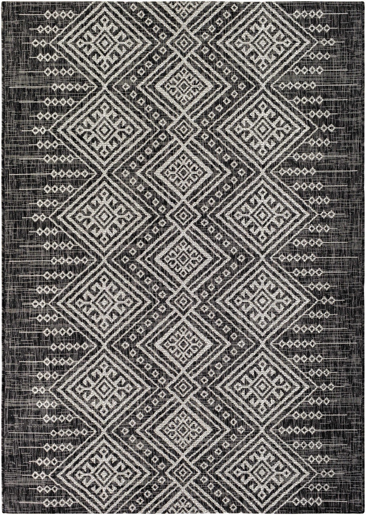 Frankville Black & White Outdoor Rug with a geometric diamond pattern for all-over accent on Tampa Home & Garden Store