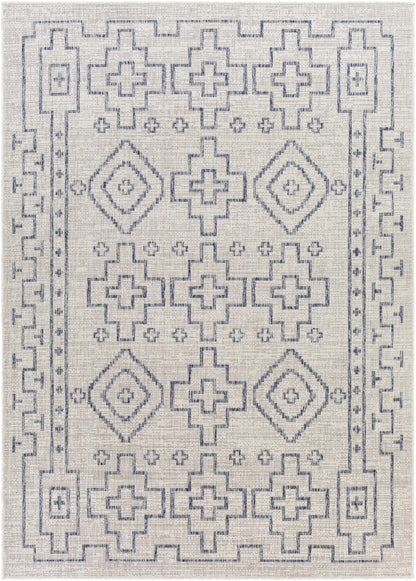 Fernway Indoor & Outdoor Rug by Boutique Rugs in blue geometric pattern on beige on Tampa Home & Garden Store