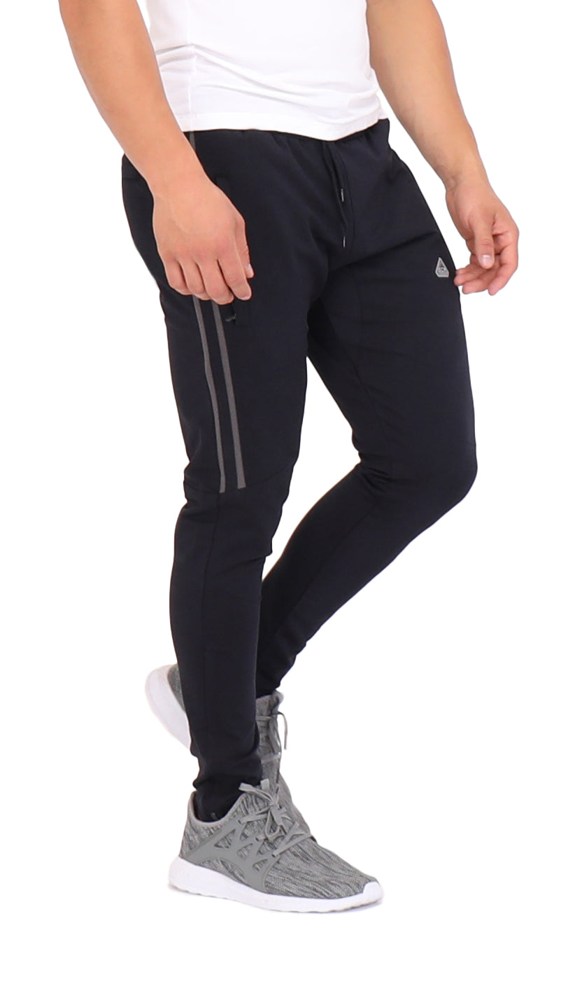 Men's SCR Sportswear Ultimate Flex Jogger Sweatpants in black with side stripes and drawstring on Tampa Home & Garden Store