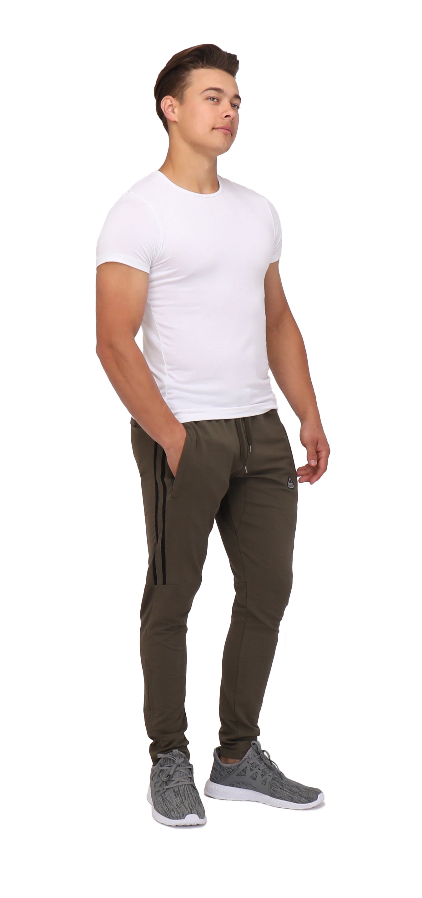 Ultimate Flex Jogger Sweatpants, men's SCR Sportswear olive green joggers with black stripes on Tampa Home & Garden Store
