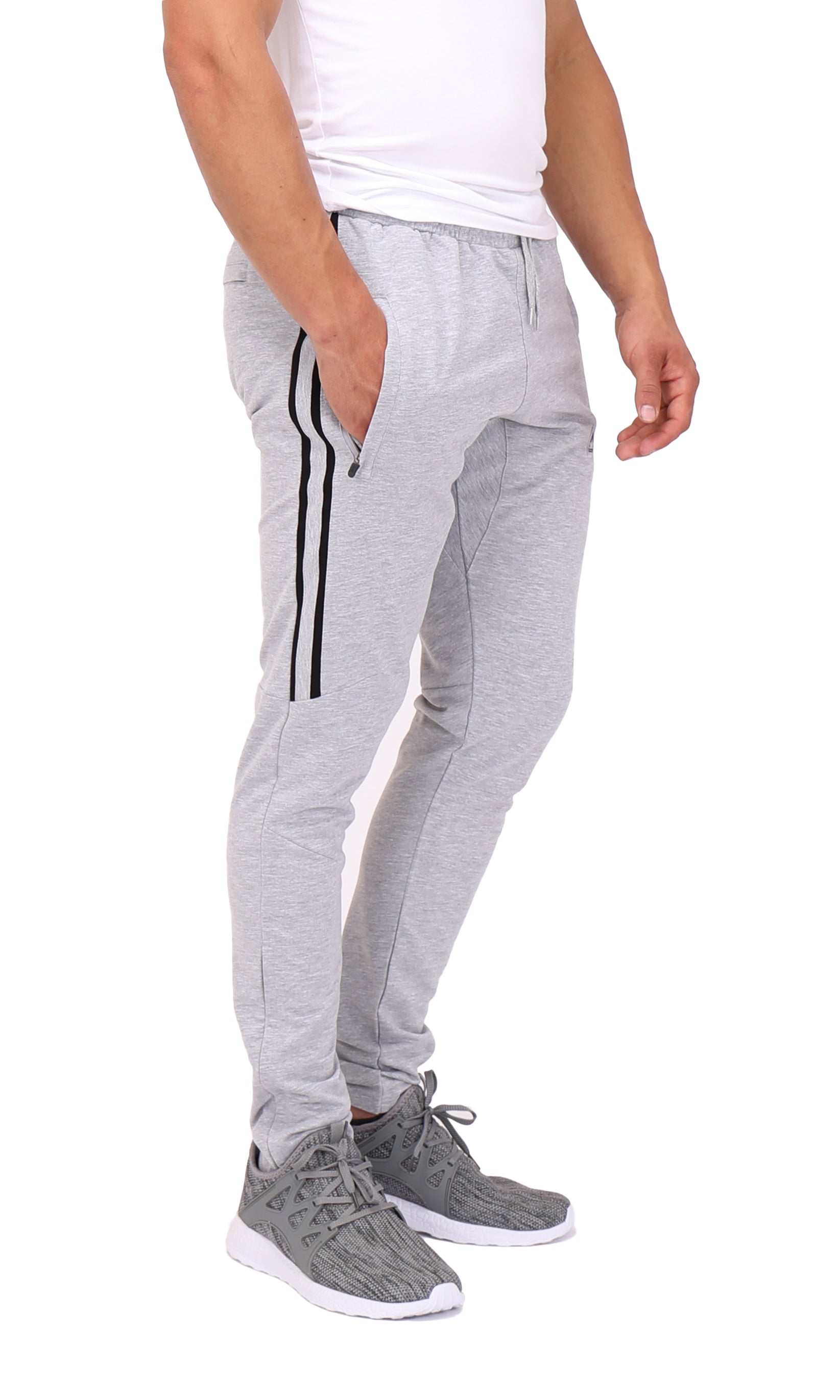 Ultimate Flex Jogger Sweatpants, men's heather gray with black side stripes and zip pockets on Tampa Home & Garden Store