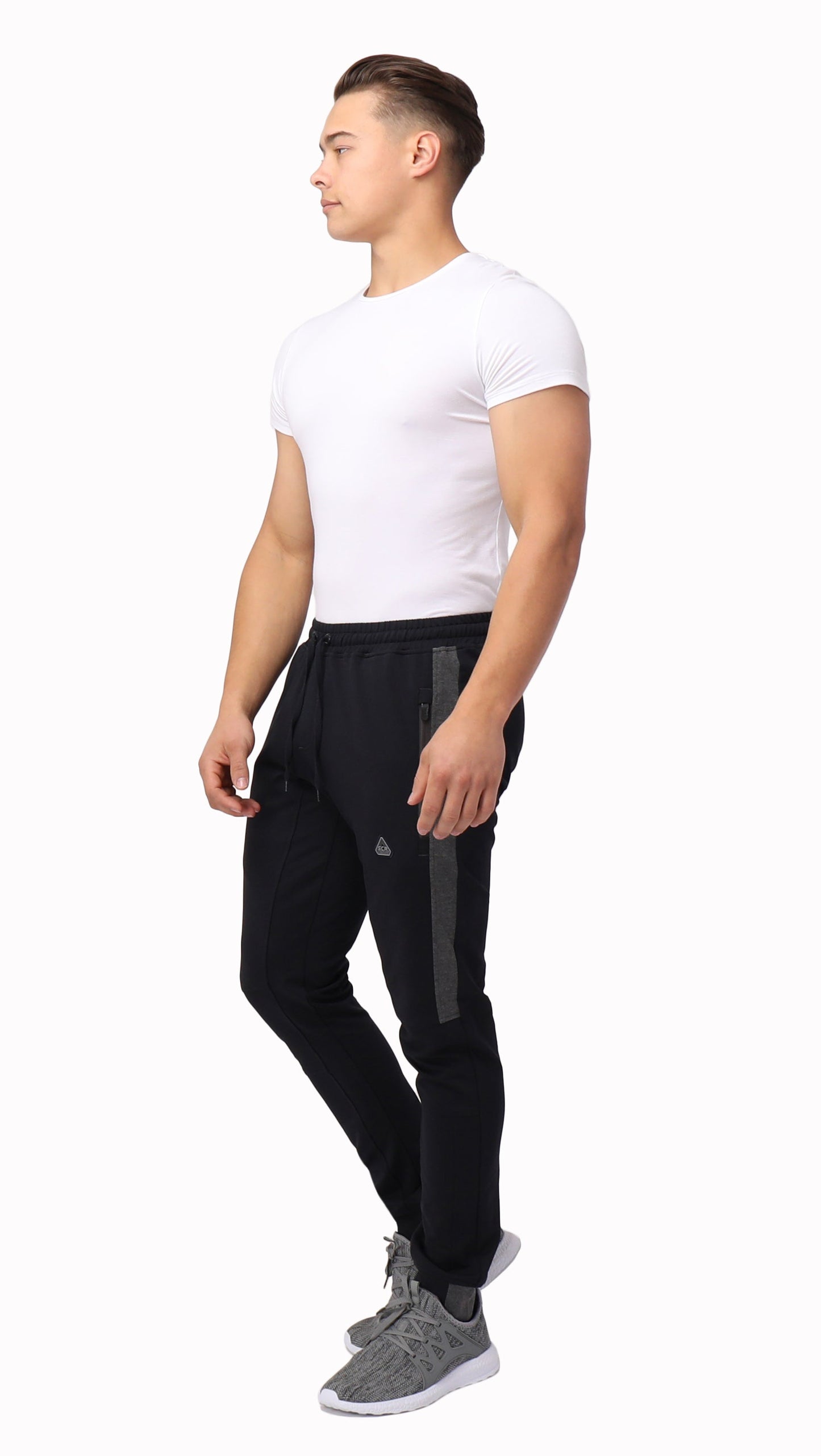 Infinite Flex Jogger Tall Fit SCR Sportswear men's joggers black with grey side stripe on Tampa Home & Garden Store