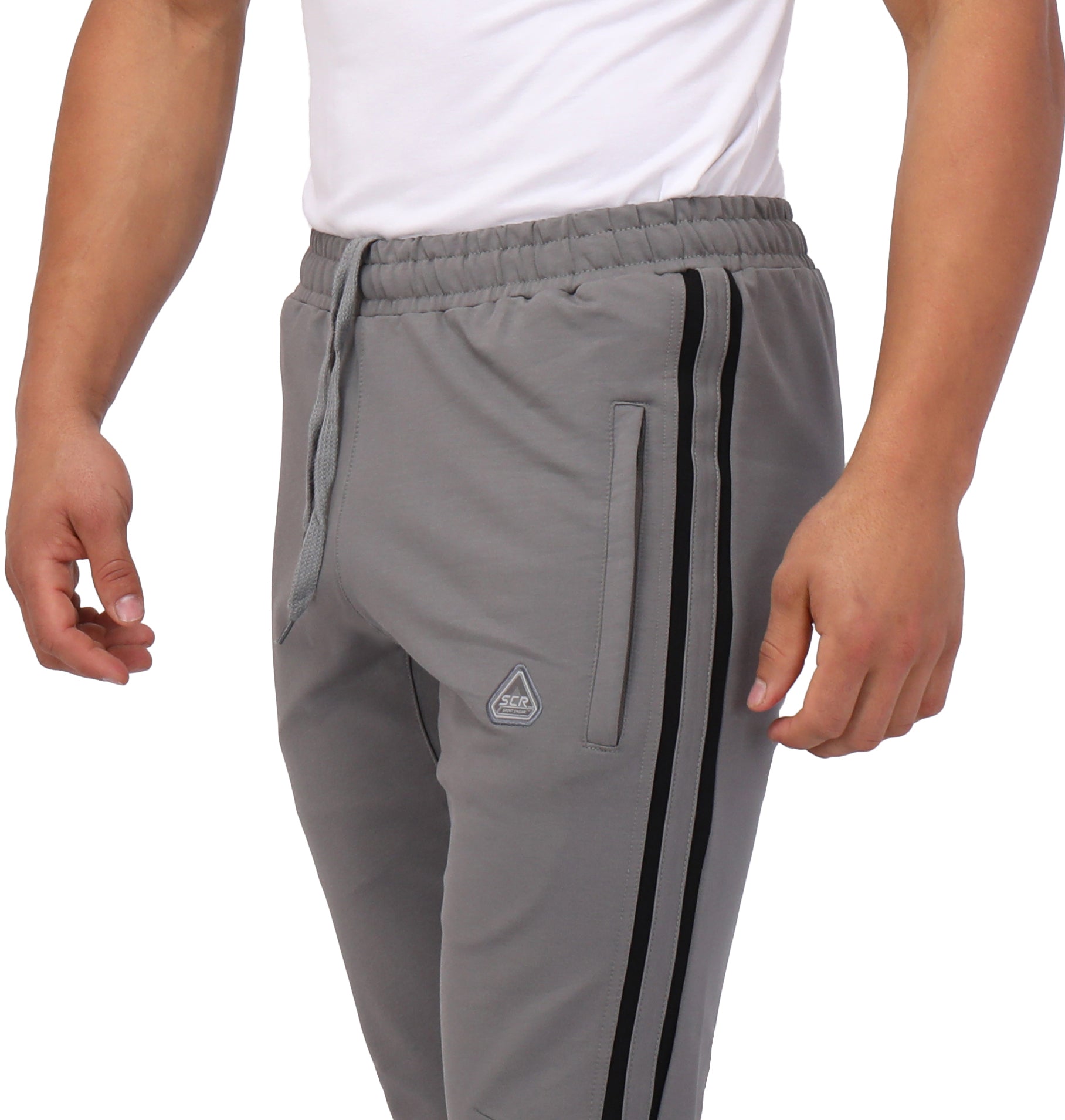 Ultimate Flex Jogger Sweatpants gray with black side stripes and SCR logo patch on Tampa Home & Garden Store