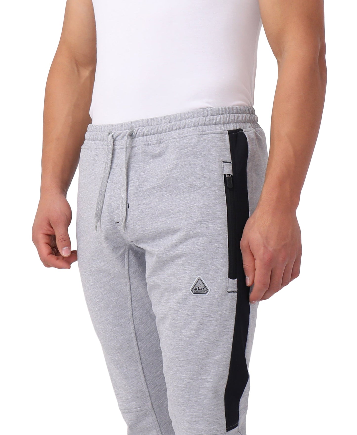 Infinite Flex Jogger Tall Fit gray men's sweatpants with black side stripe SCR logo patch on Tampa Home & Garden Store