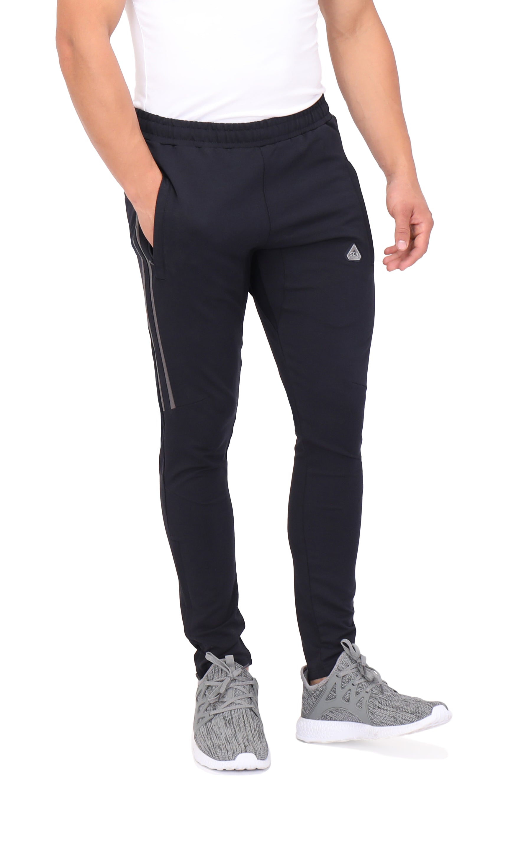 Ultimate Flex Jogger Sweatpants, men's SCR Sportswear activewear joggers in black with side stripe and SCR logo on Tampa Home & Garden Store
