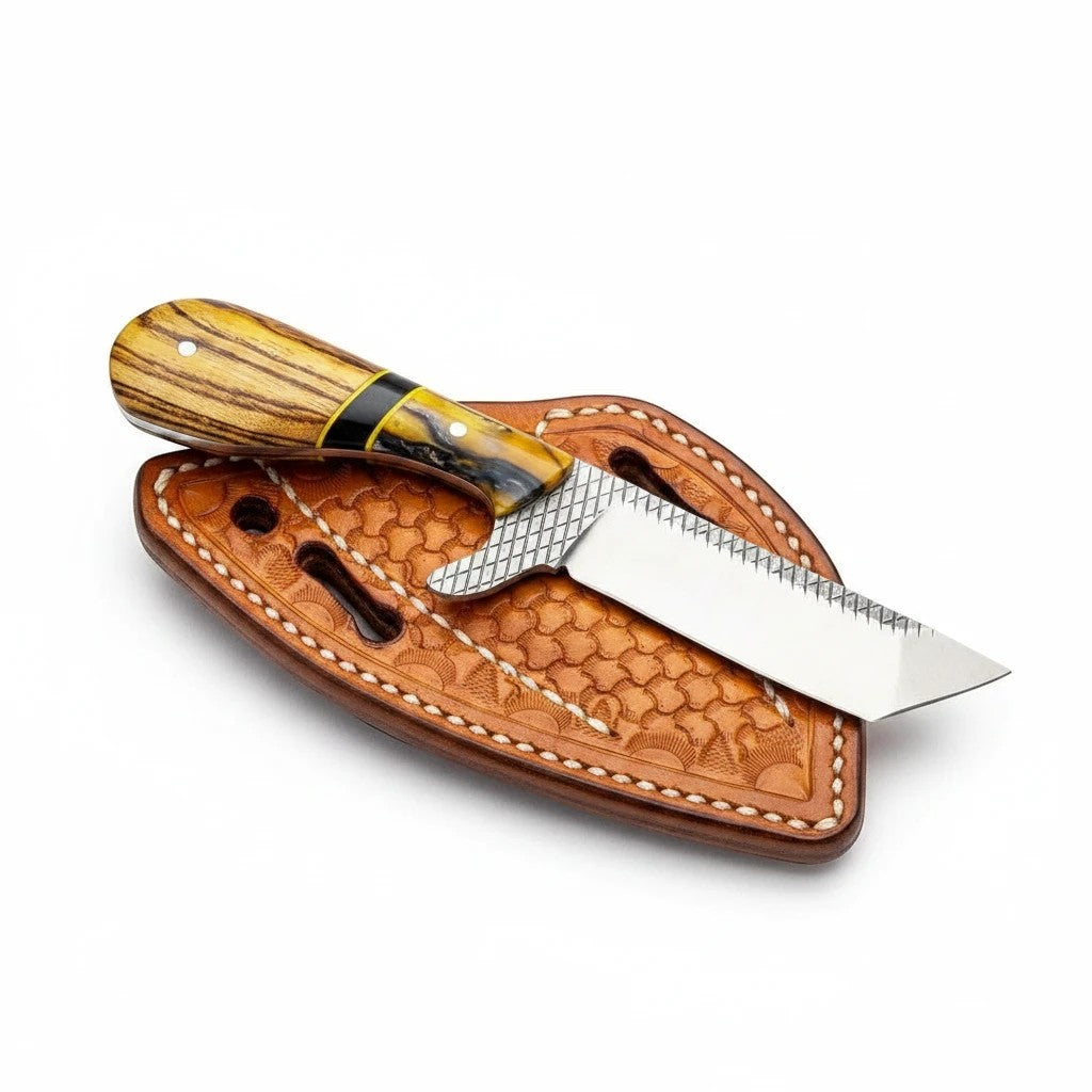 Knife The Iron Maverick olivewood & resin handle, rasp steel blade, leather sheath on Tampa Home & Garden Store
