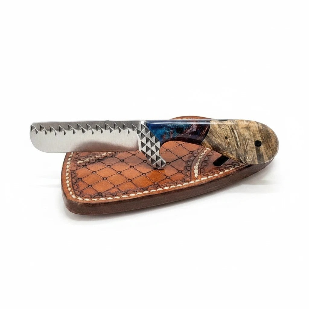 The Stampede knife with rasp steel blade, rosewood epoxy resin handle, leather sheath on Tampa Home & Garden Store