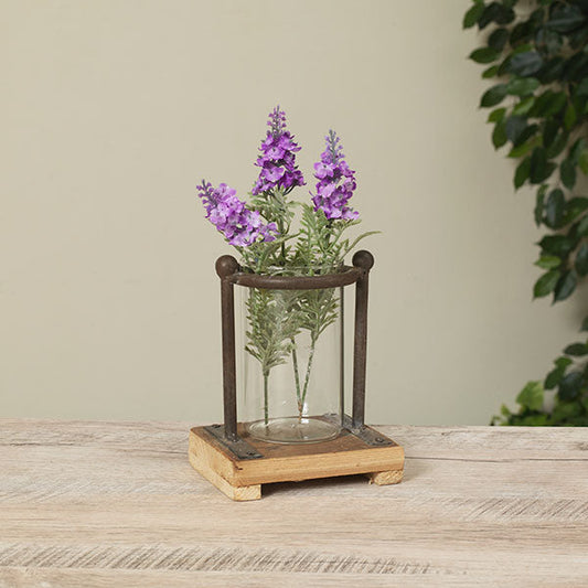 Vase rustique industriel en bois, métal et verre - 15 cm