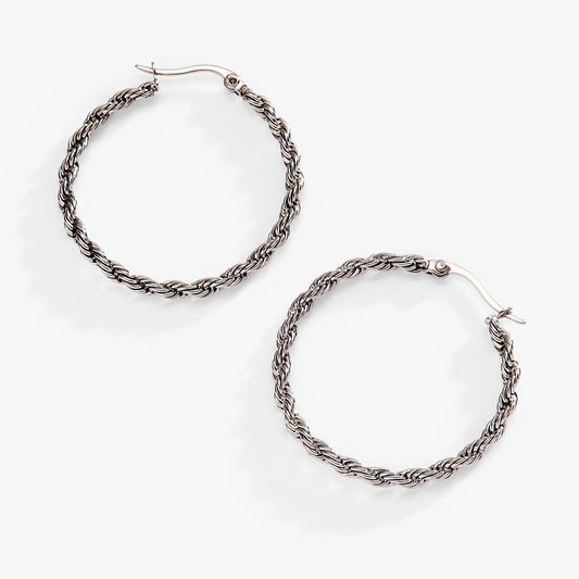 Frozen French Rope Hoop Earrings by ALEX AND ANI, silver-tone rope hoops with hook closure on Tampa Home & Garden Store