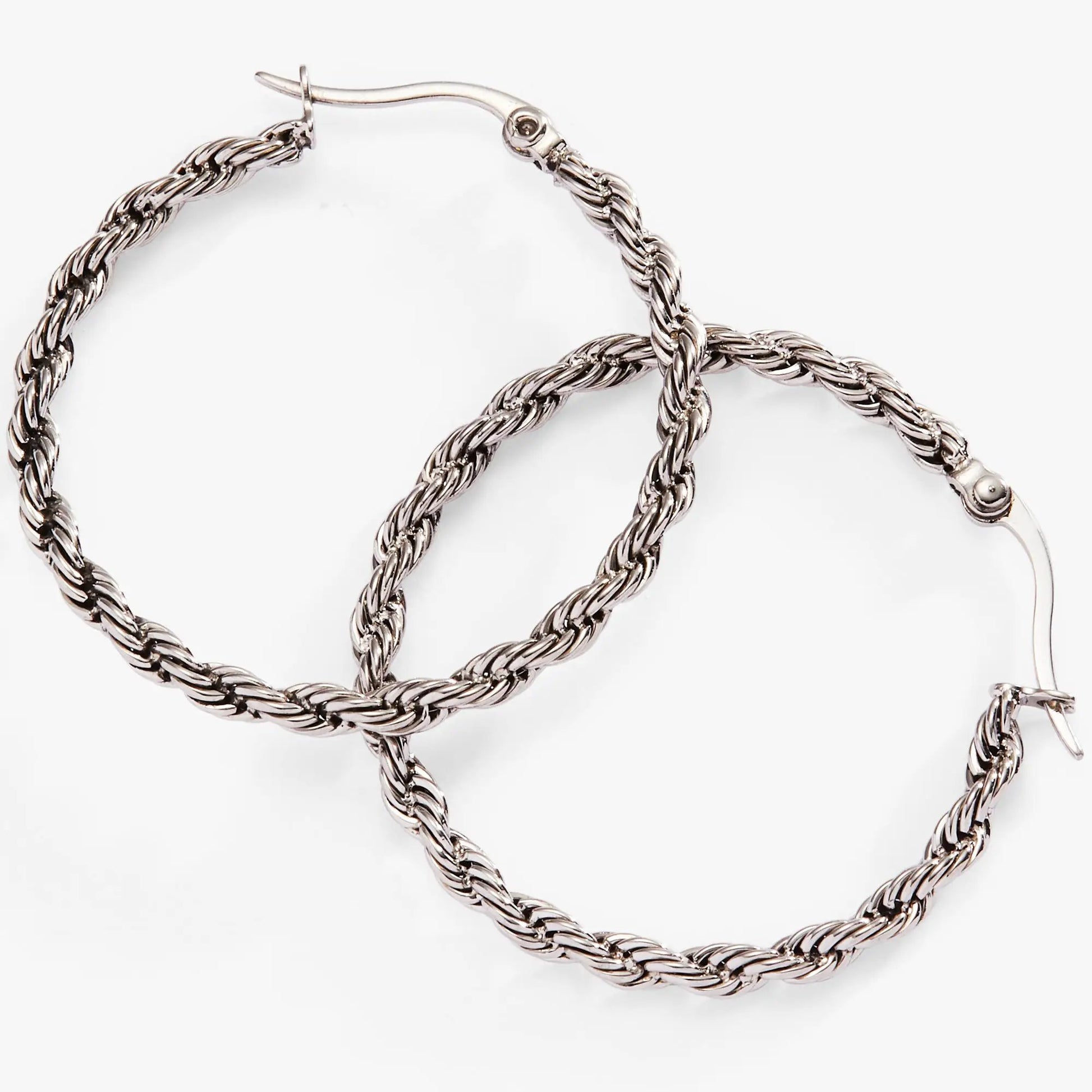 Frozen French Rope Hoop Earrings by ALEX AND ANI, silver rope hoops with hinge closure on Tampa Home & Garden Store