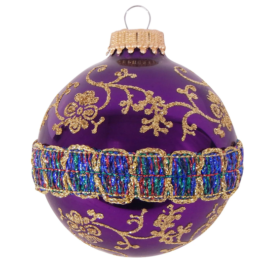 Boule de verre velours magenta/prune de 6,7 cm (2 5/8 po) avec dentelle pailletée et tresse - Lot de 4