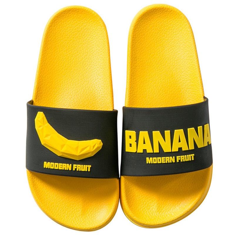 Stevvex Women Fruit Slides yellow footbeds and black elastic straps banana graphic on Tampa Home & Garden Store