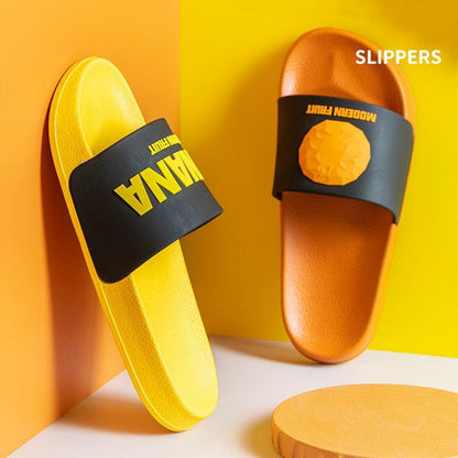 Stevvex Women Fruit Slides elastic non-slip sandals in yellow and orange pair shown on Tampa Home & Garden Store