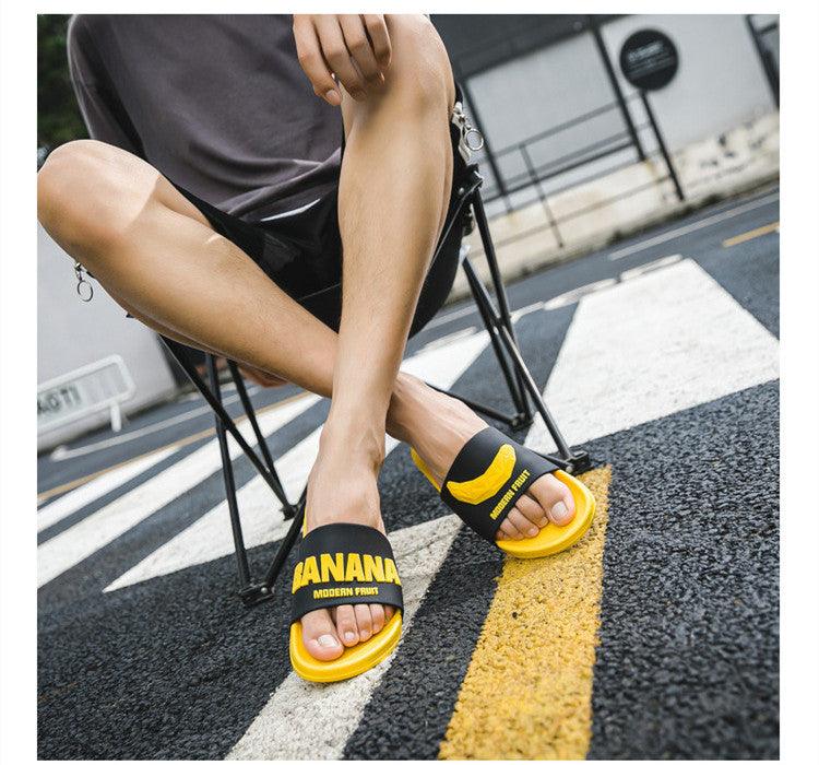 Women Fruit Slides elastic non-slip sandals in black with yellow sole and banana logo Stevvex on Tampa Home & Garden Store