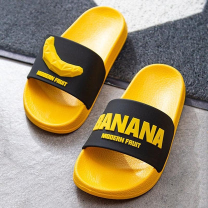 Women fruit slides yellow Stevvex non-slip sandals with two banana graphics on Tampa Home & Garden Store
