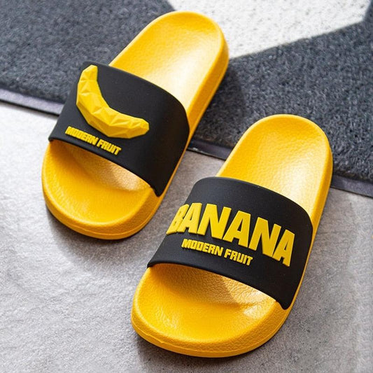 Women fruit slides yellow Stevvex non-slip sandals with two banana graphics on Tampa Home & Garden Store