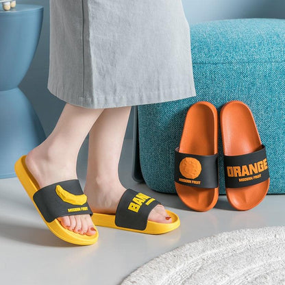 Stevvex Women Fruit Slides elastic black straps; yellow worn, orange pair visible on Tampa Home & Garden Store