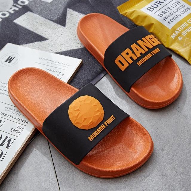 Stevvex Women fruit slides orange sandals with black elastic strap and fruit emblem non-slip on Tampa Home & Garden Store