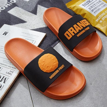 Stevvex Women fruit slides orange sandals with black elastic strap and fruit emblem non-slip on Tampa Home & Garden Store