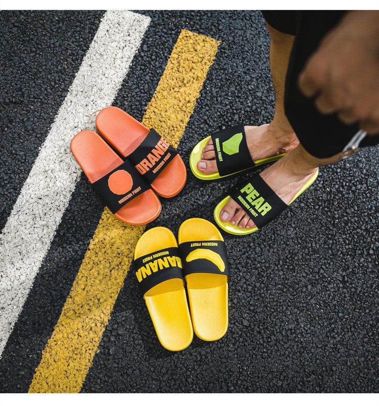 Stevvex women fruit slides set of 3 in orange, neon green, yellow with black straps on Tampa Home & Garden Store