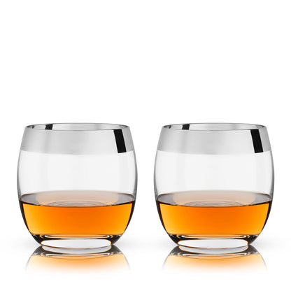Modern Chrome Rimmed Crystal Tumblers Set of 2