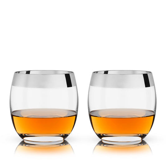 Modern Chrome Rimmed Crystal Tumblers Set of 2