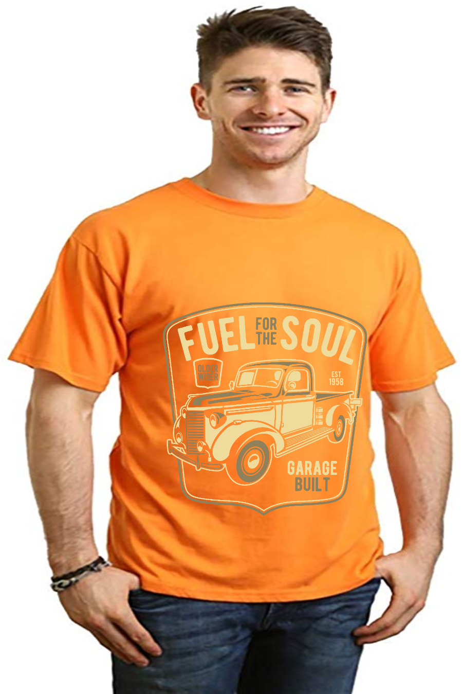 Mens orange graphic T-shirt with vintage truck print Fuel For The Soul by Spun Bamboo on Tampa Home & Garden Store