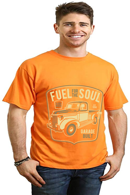 Mens orange graphic T-shirt with vintage truck print Fuel For The Soul by Spun Bamboo on Tampa Home & Garden Store