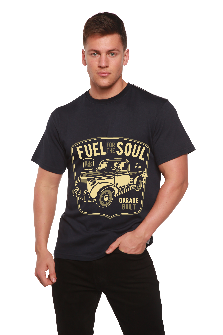 Fuel For The Soul men's bamboo viscose/organic cotton navy T-shirt truck print by Spun Bamboo on Tampa Home & Garden Store