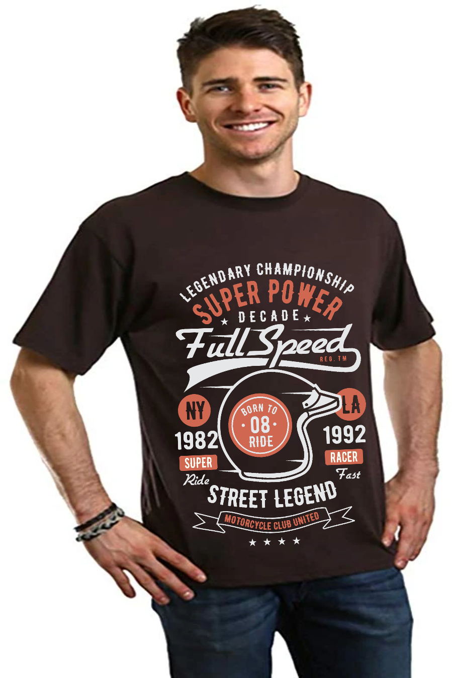 Men's Full Speed graphic tee in dark brown with orange/white helmet art by Spun Bamboo on Tampa Home & Garden Store