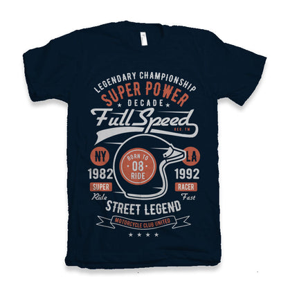 Full Speed Super men's navy graphic T-shirt by Spun Bamboo with retro helmet street-legend on Tampa Home & Garden Store