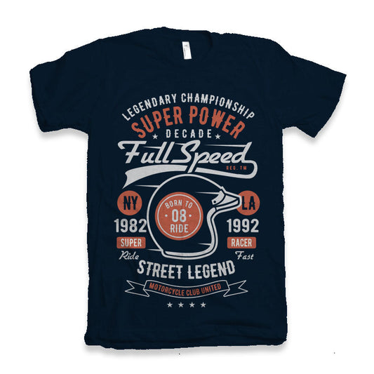 Full Speed Super men's navy graphic T-shirt by Spun Bamboo with retro helmet street-legend on Tampa Home & Garden Store