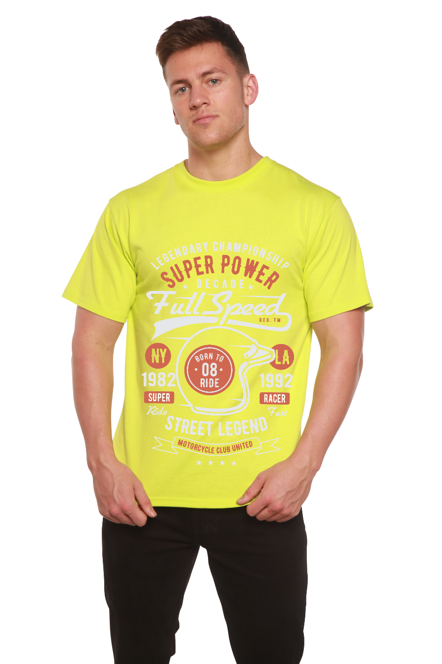 Men's neon yellow bamboo viscose/organic cotton graphic T-shirt with Full Speed Super design by Spun Bamboo on Tampa Home & Garden Store