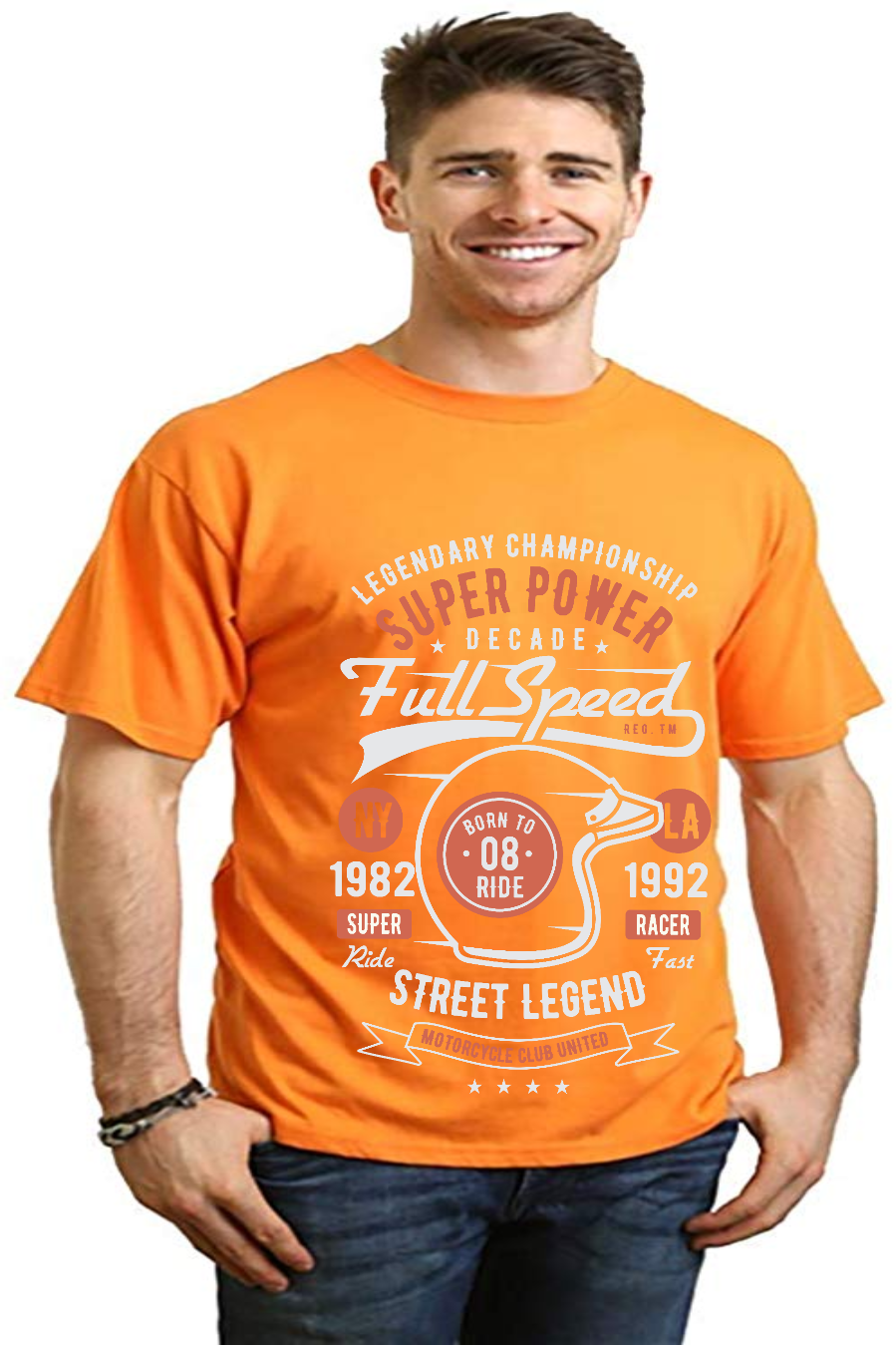 Mens printed orange Full Speed Super T-shirt by Spun Bamboo with white racing helmet graphic on Tampa Home & Garden Store
