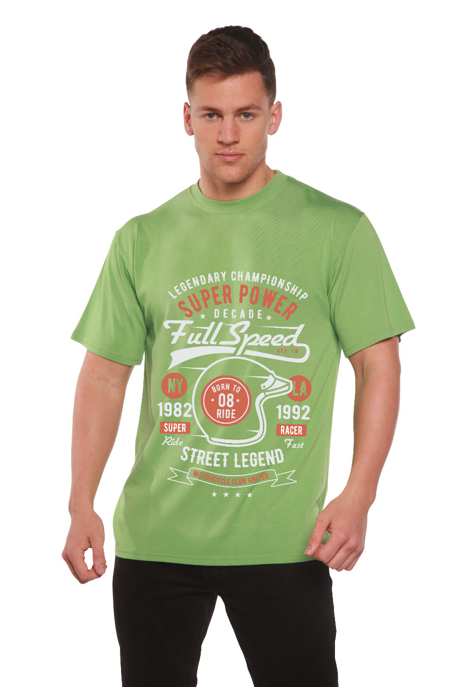 Full Speed Super men's bamboo viscose/organic cotton graphic T-shirt in green with print on Tampa Home & Garden Store