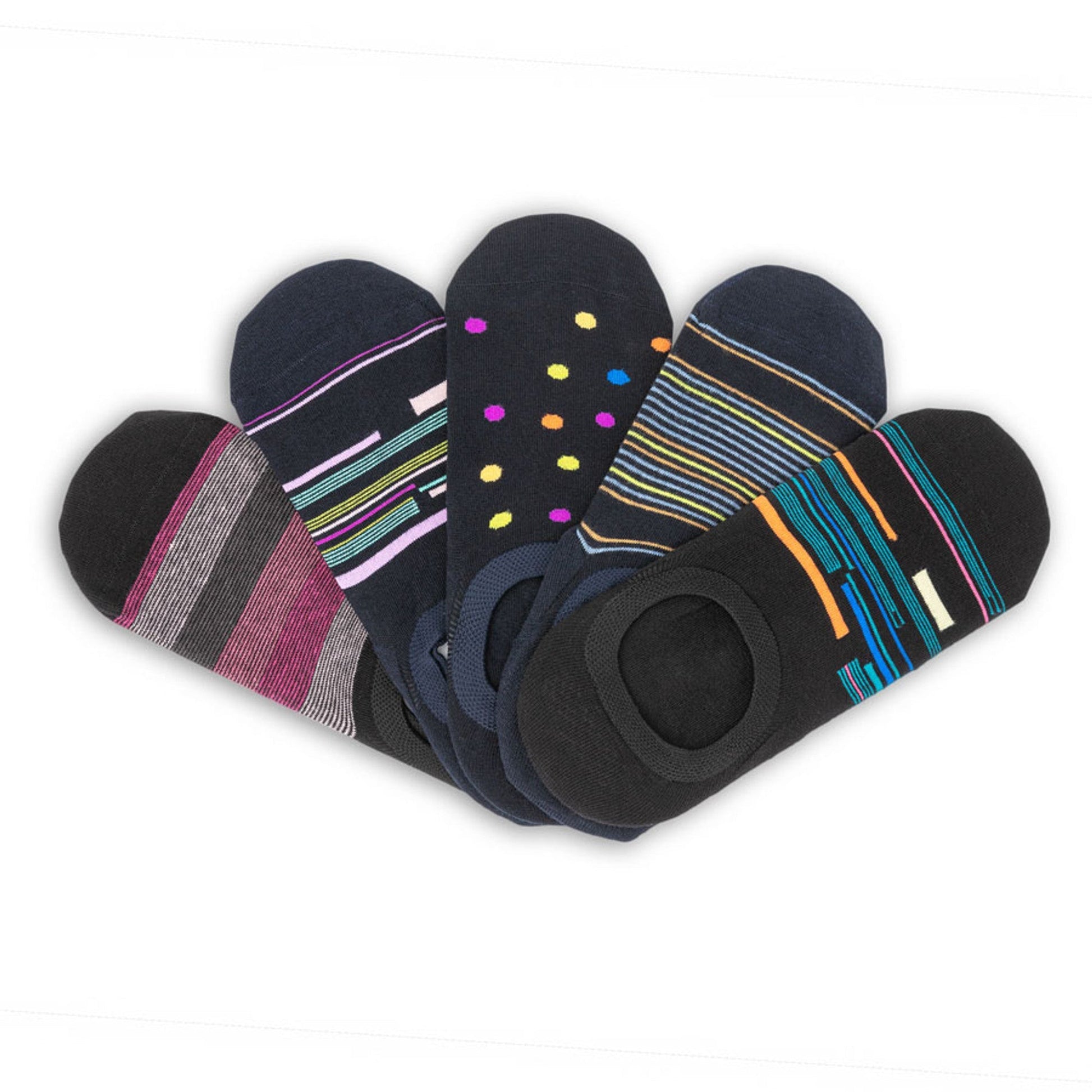No-Show Socks 5-pack DeadSoxy footie socks in assorted stripe and dot patterns on Tampa Home & Garden Store