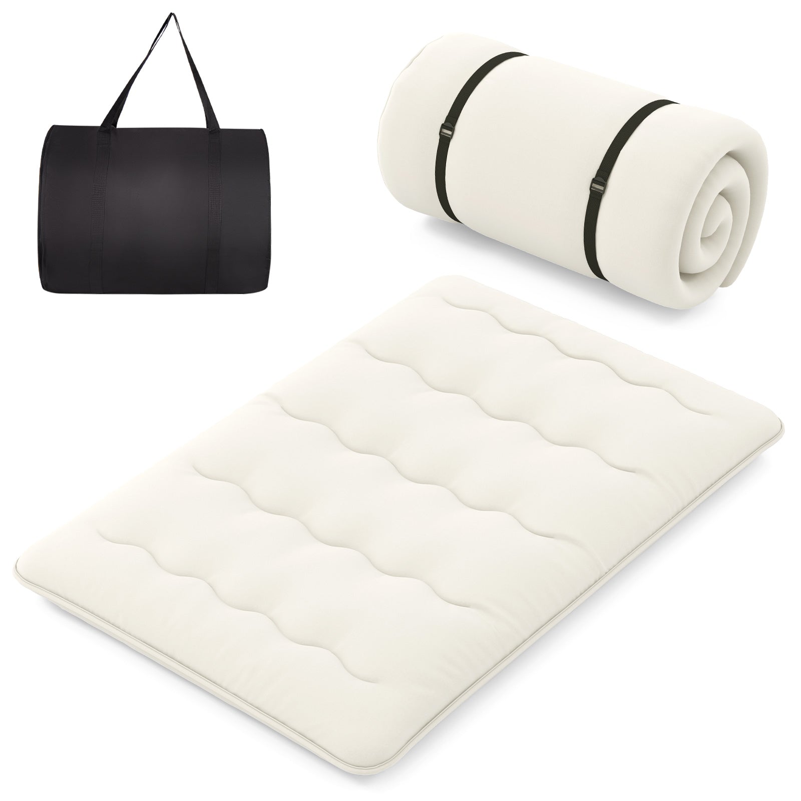 GemGear futon mattress with beige washable cover rolled with straps and black carry bag on Tampa Home & Garden Store