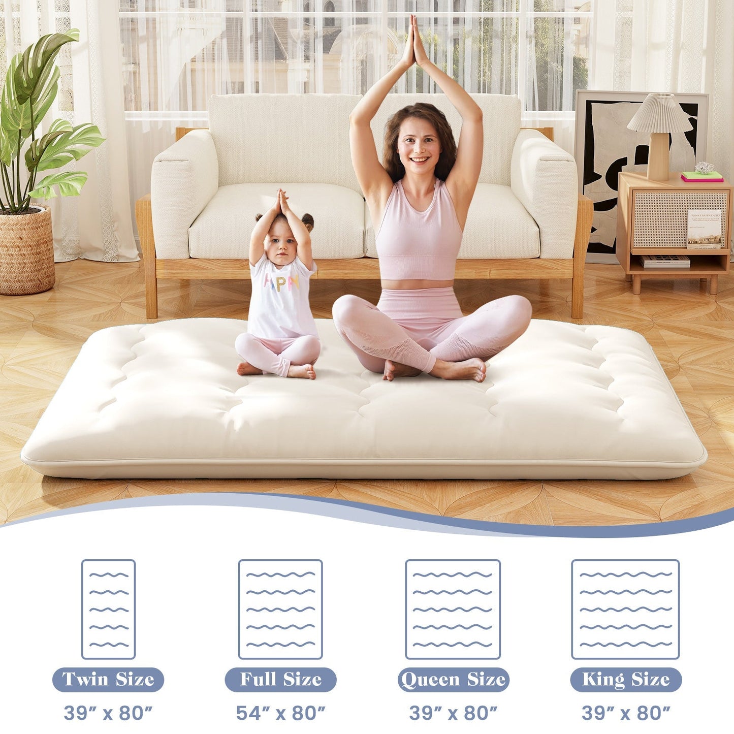 GemGear futon mattress floor sleeping pad beige with washable cover in living room on Tampa Home & Garden Store