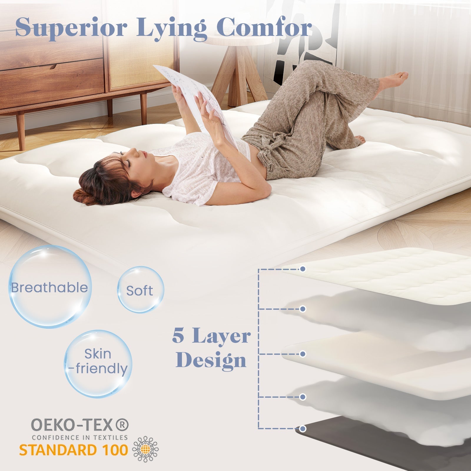 Futon floor sleeping pad beige by GemGear with washable cover; queen/king/twin/full on Tampa Home & Garden Store