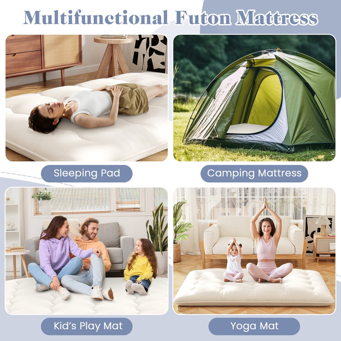 GemGear futon mattress beige with four mats: sleeping pad, camping mat, kid's play mat, yoga mat on Tampa Home & Garden Store
