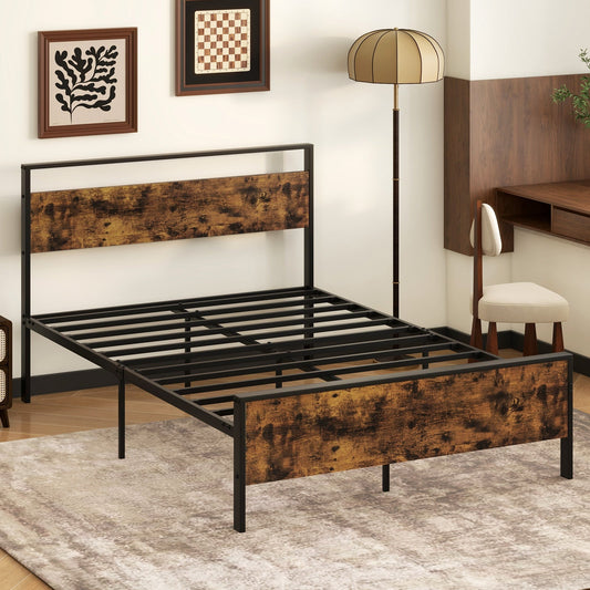 Full Metal Bed Frame Industrial Platform Bed with Wooden Headboard-Full Size - Tampa Home & Garden Store