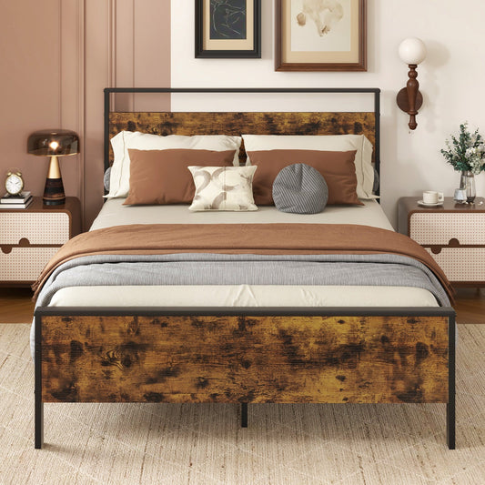 Full Metal Bed Frame Industrial Platform Bed with Wooden Headboard-Full Size - Tampa Home & Garden Store