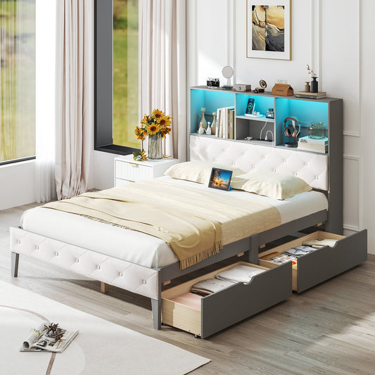 Full Size Bed Frame with Bookcase Headboard and LED Lights-Gray - Tampa Home & Garden Store