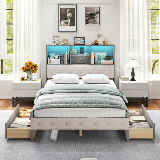 Full Size Bed Frame with Bookcase Headboard and LED Lights-Gray - Tampa Home & Garden Store